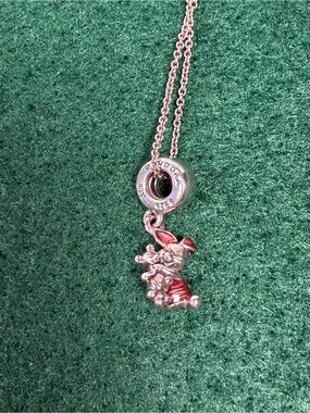 Pandora S925 ALE Piglet Dangle Charm Necklace Sterling Silver Pink Enamel Disney